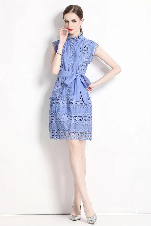 Magnificent & Exquisite Crochet Hollow Lace Dress, Mock Neck, Belted, Delicate A-line Prom, Party, Wedding Guest Dress